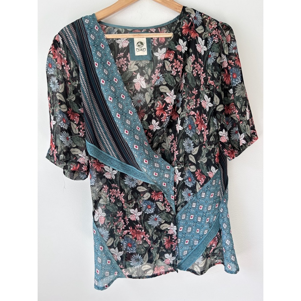 TINY Anthropologie Floral Mixed Print Sheer Wrap Blouse Sz M Boho Festival Fairy